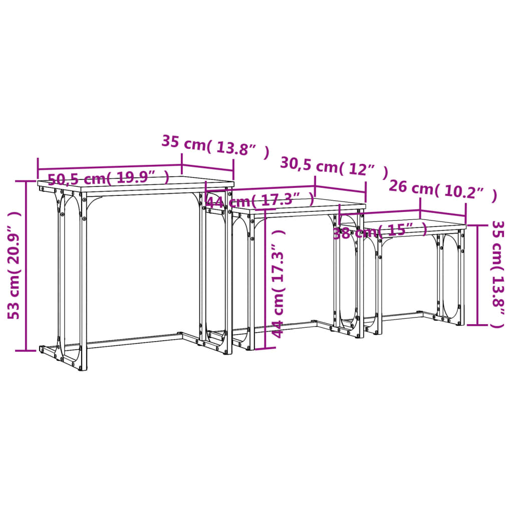 Stackable center tables 3 pieces black engineering wood