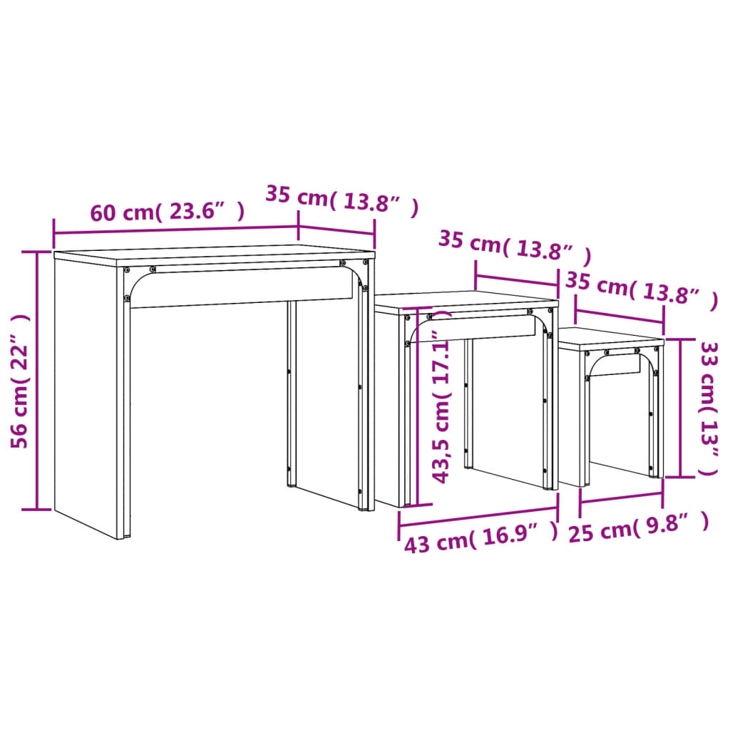 Stackable center tables 3 pieces black engineering wood