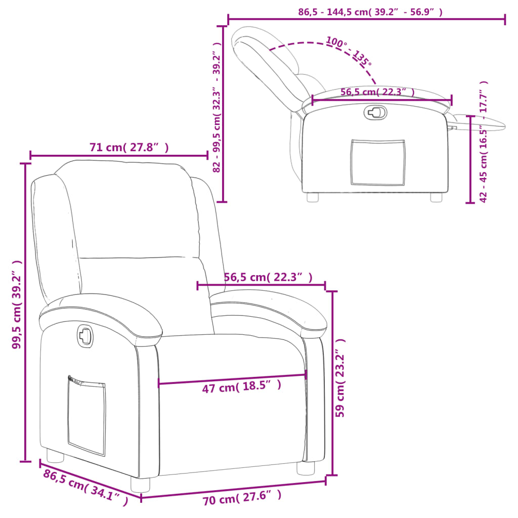 Reclinable armchair of dark brown fabric