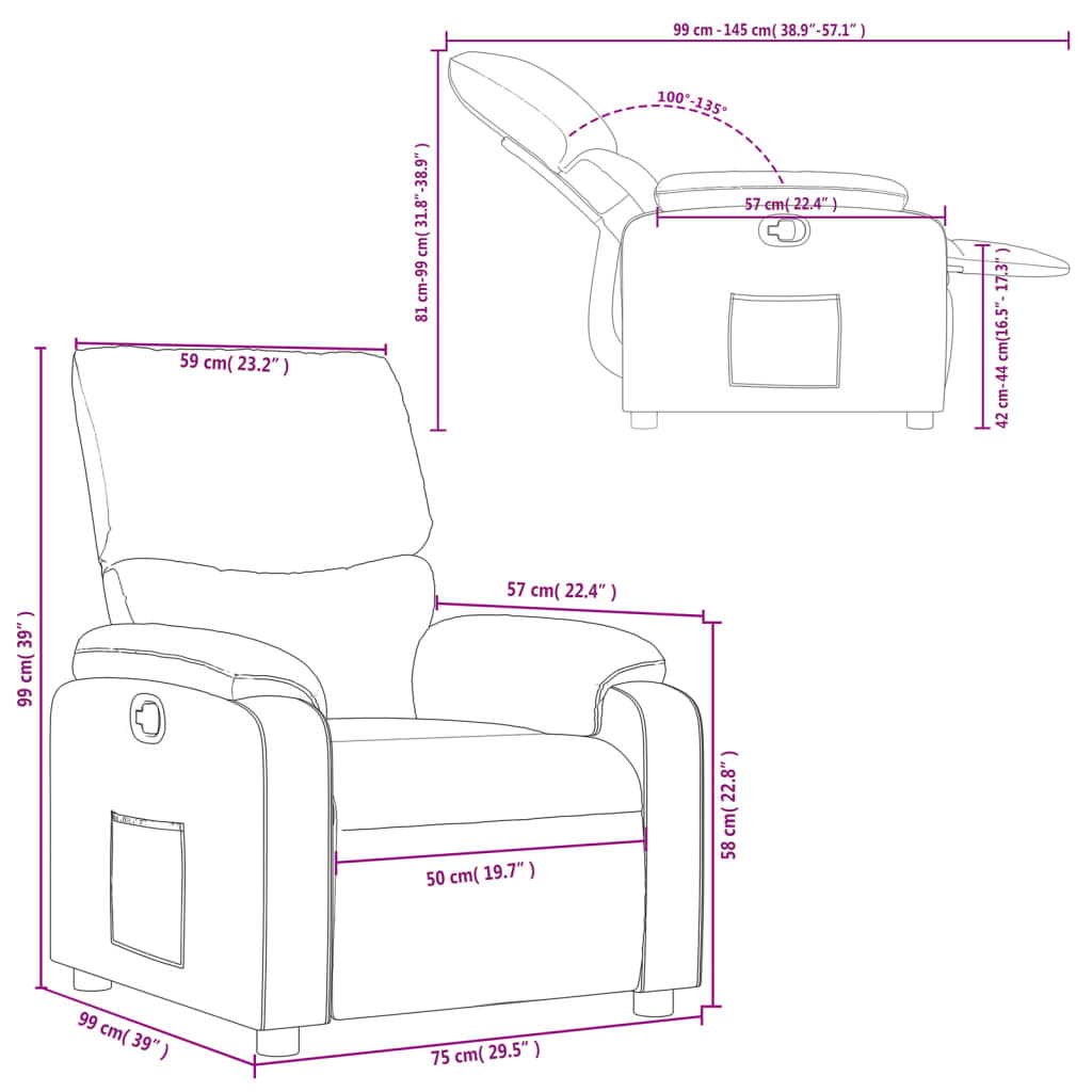 Reclinable armchair of dark brown fabric