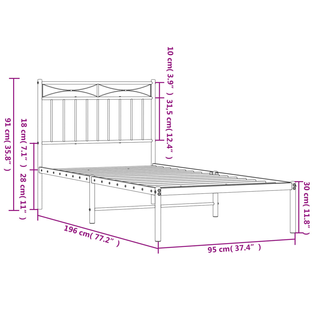 Bed without mattress with white metal headboard 90x190 cm