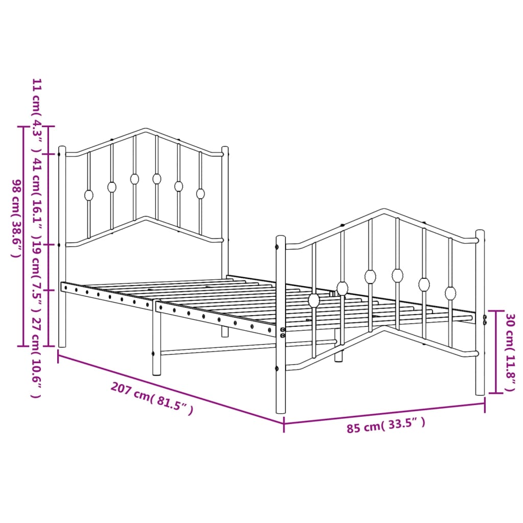 Bett ohne Matratzenbett mit schwarzem Metall 80x200 cm