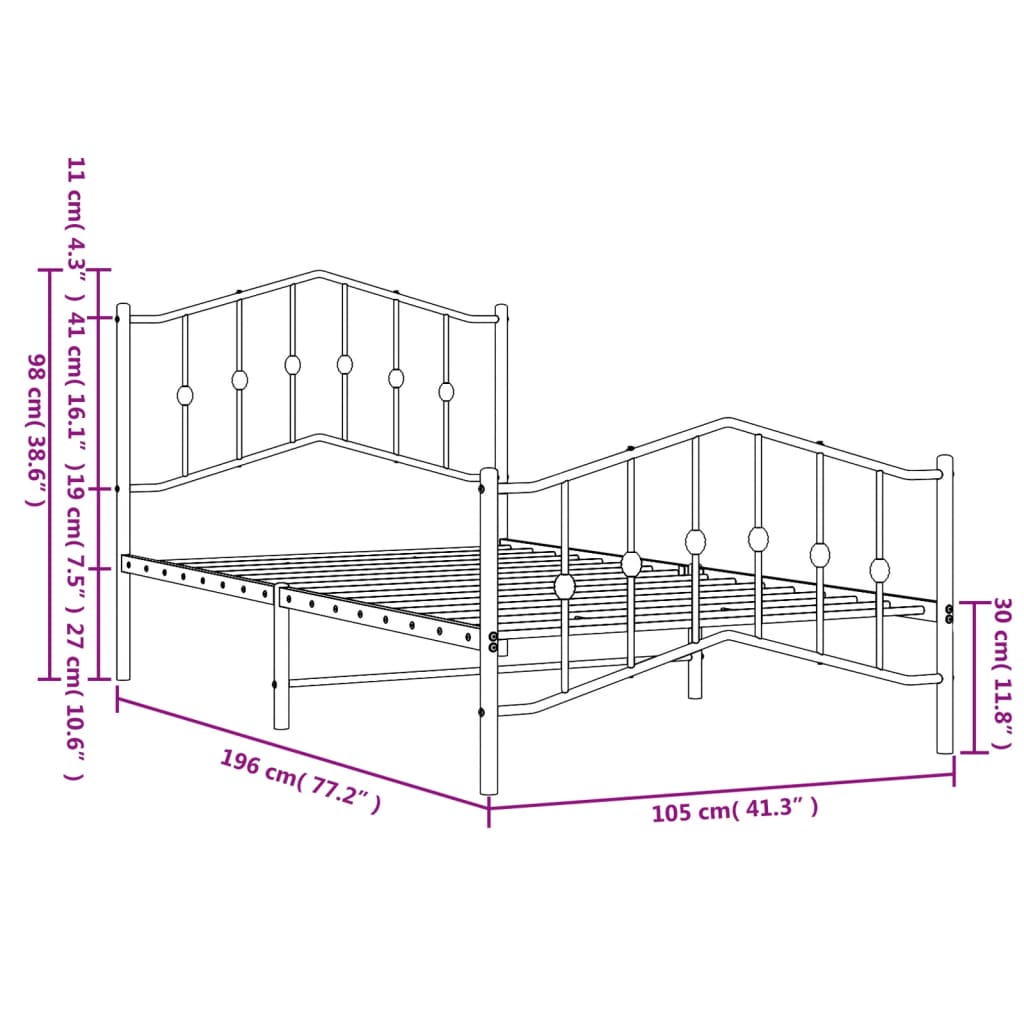 Estructura cama sin colchón con estribo metal negro 100x190 cm