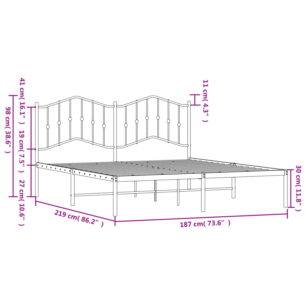 Bed without mattress with white metal headboard 183x213cm