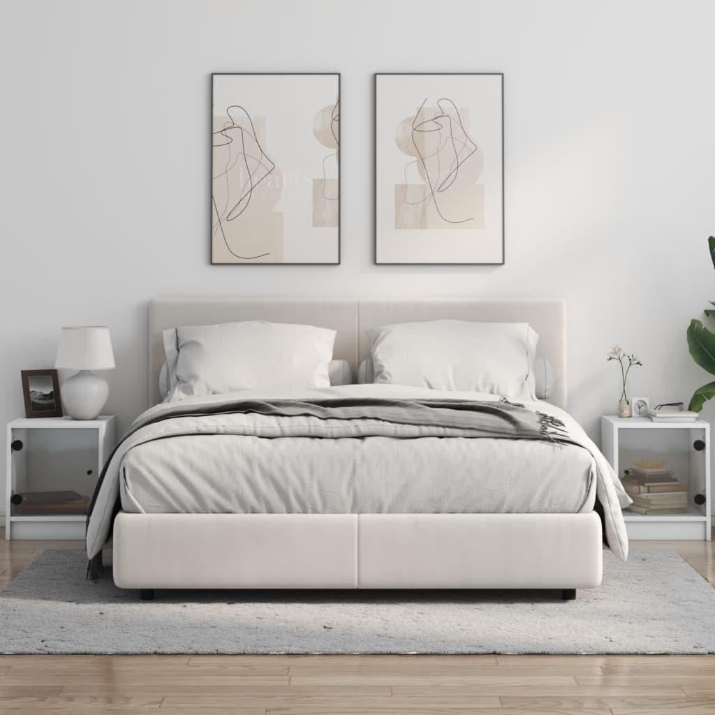 Mesitas de noche con puertas de vidrio 2 uds blanco 35x37x42 cm