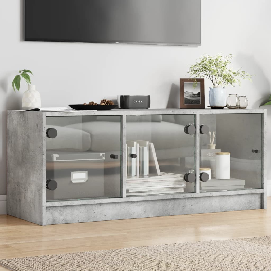 Vetonek Mueble de TV con puertas de vidrio gris hormigón 102x37x42 cm