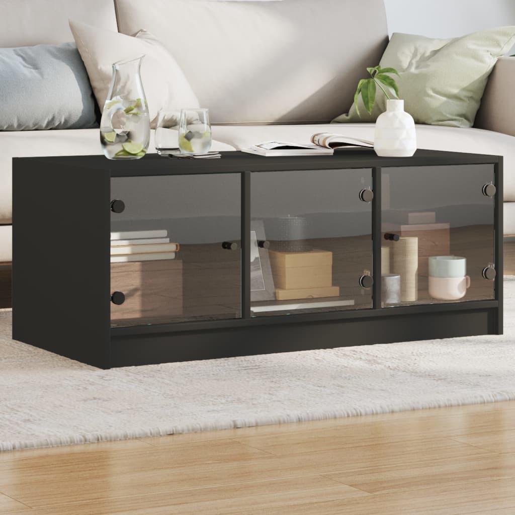 Vetonek Mesa de centro con puertas de vidrio negra 102x50x42 cm