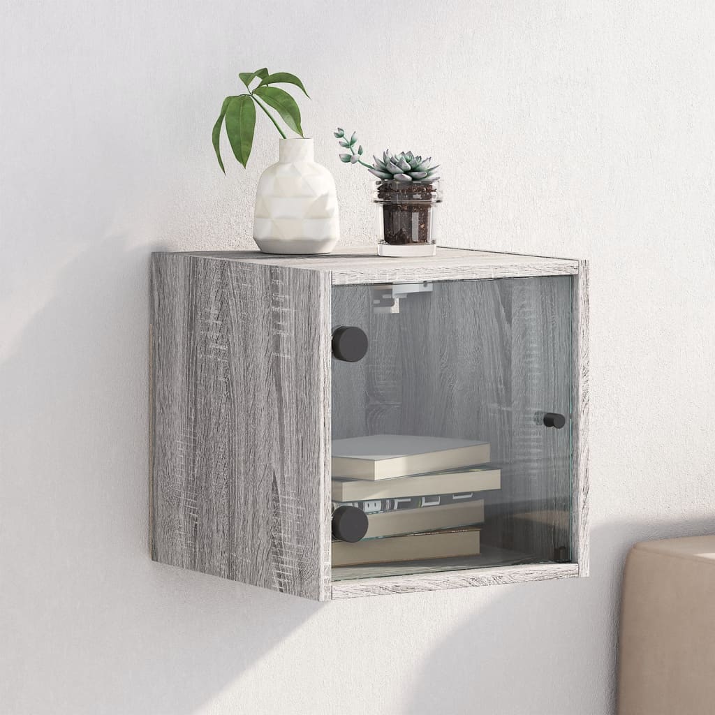 Vetonek Mesita de noche con puerta de vidrio gris Sonoma 35x37x35 cm