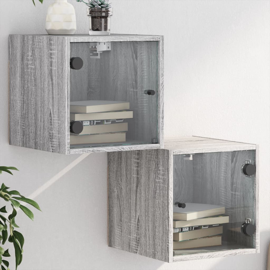 Vetonek Mesitas noche con puertas vidrio 2 uds gris Sonoma 35x37x35 cm