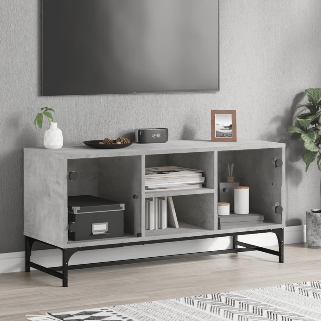 Vetonek Mueble de TV con puertas de vidrio gris hormigón 102x37x50 cm