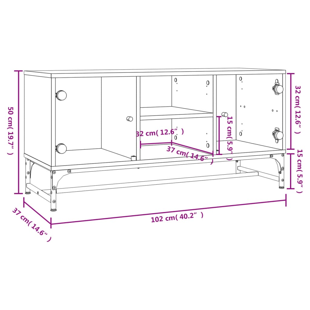 Mueble de TV con puertas de vidrio gris hormigón 102x37x50 cm