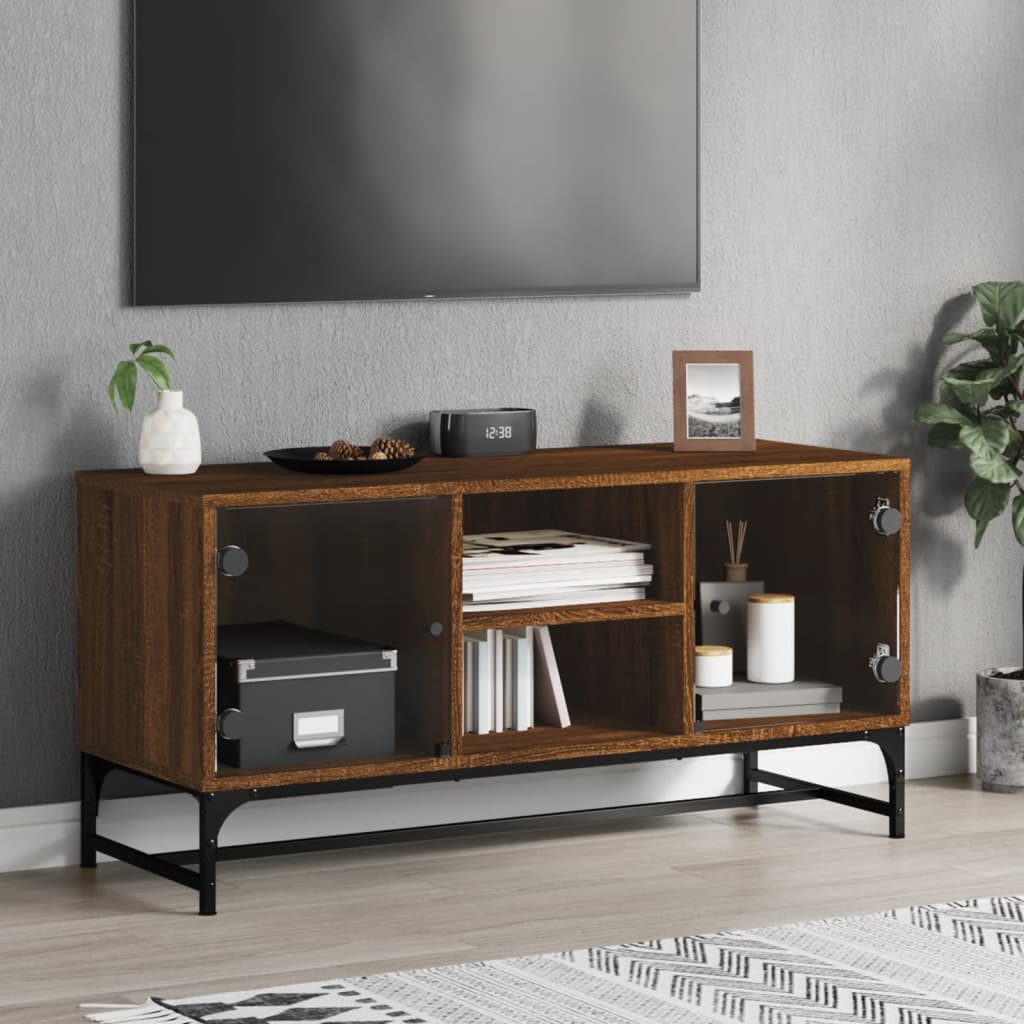 Vetonek Mueble de TV con puertas de vidrio marrón roble 102x37x50 cm