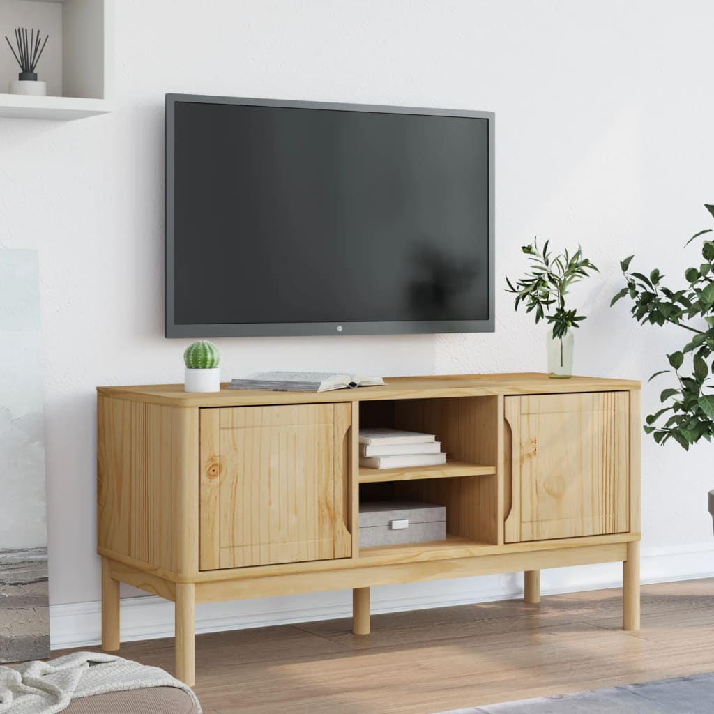 Mueble de TV FLORO madera maciza pino marrón cera 114x43x55 cm