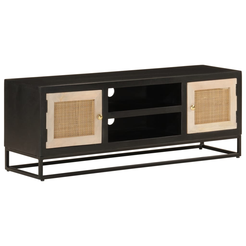 Vetonek Mueble de TV madera maciza de mango y hierro negro 110x30x40 cm