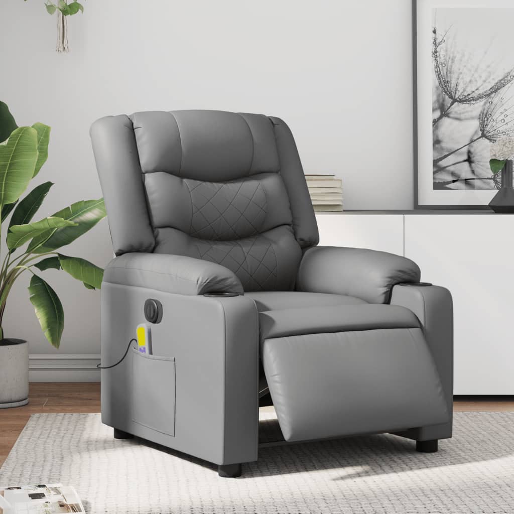 Vetonek Sillón de masaje reclinable eléctrico cuero sintético gris