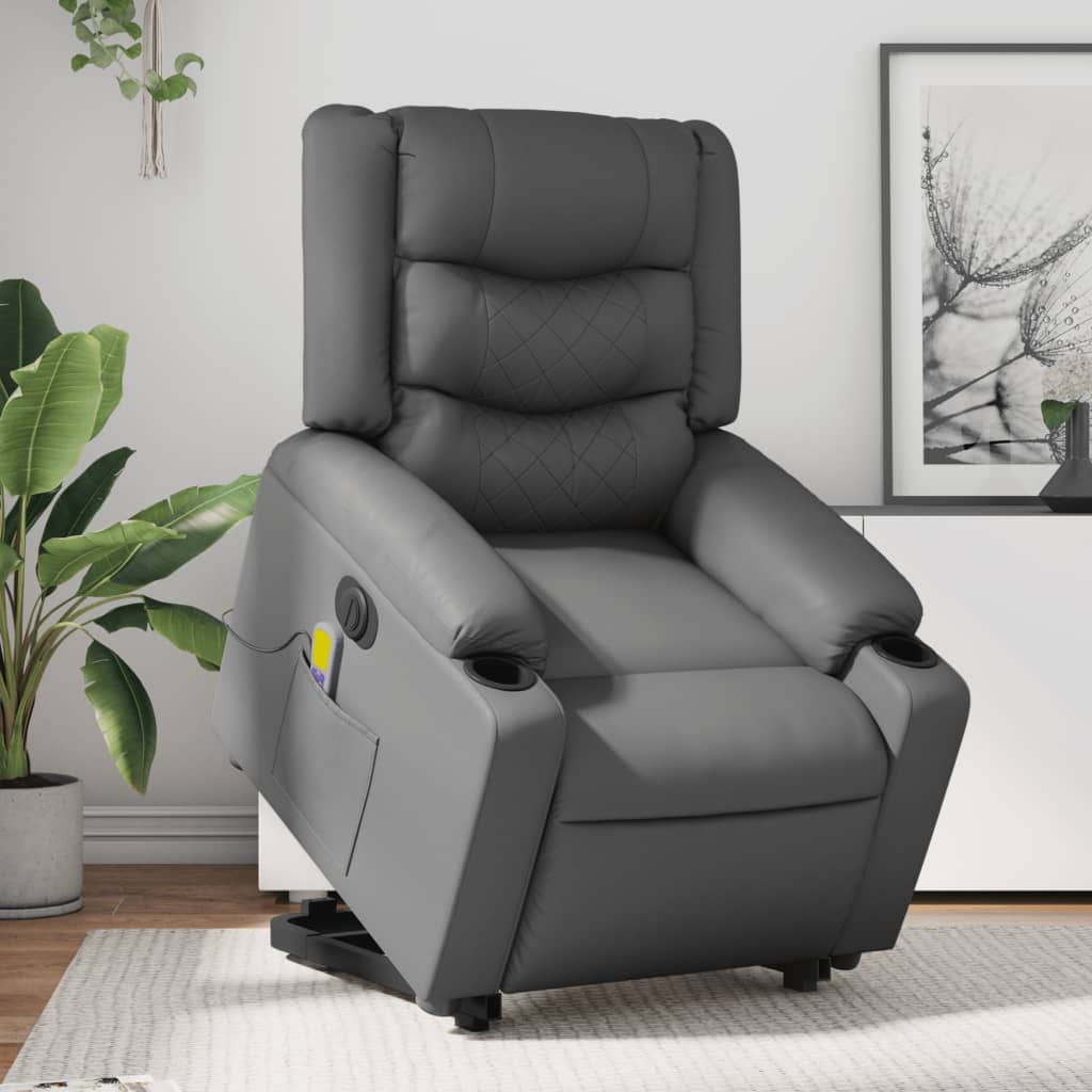 Vetonek Sillón de masaje elevable eléctrico cuero sintético gris