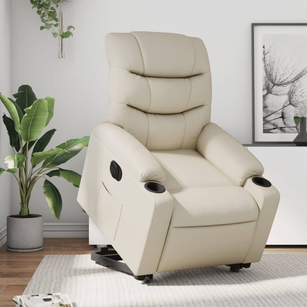 Vetonek Sillón reclinable elevable eléctrico de cuero sintético crema