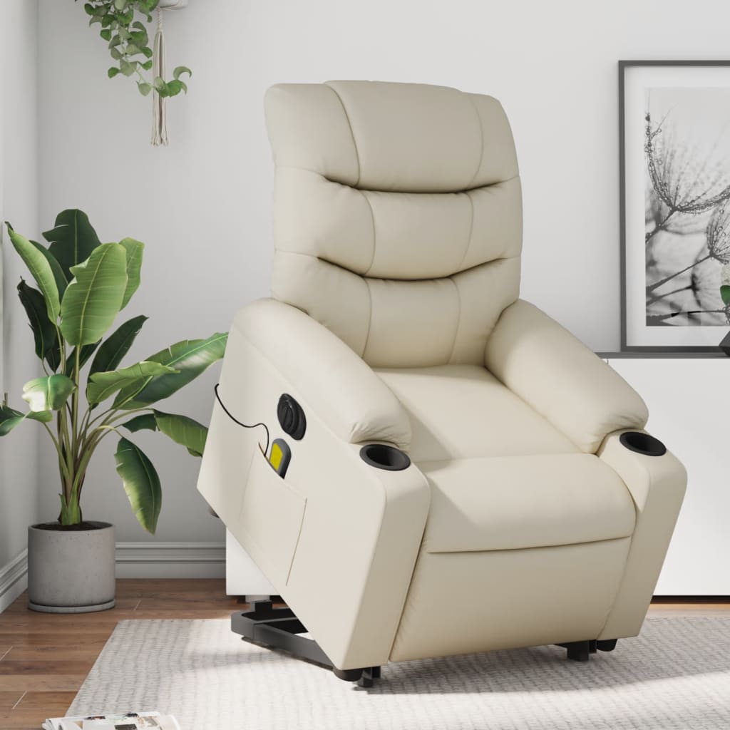 Vetonek Sillón de masaje elevable eléctrico cuero sintético crema