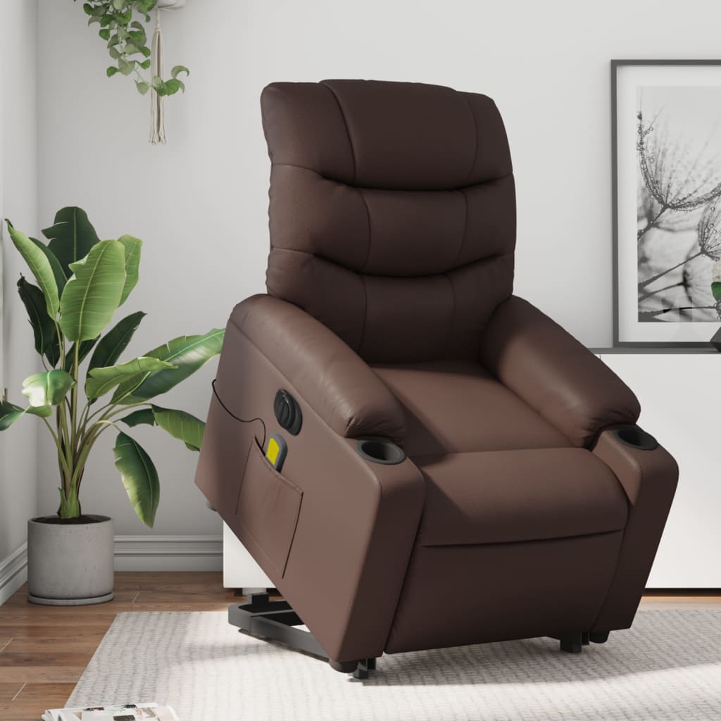 Vetonek Sillón de masaje elevable eléctrico cuero sintético marrón