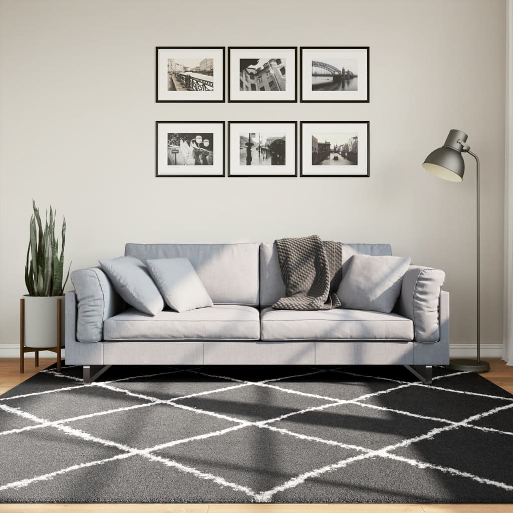 Modern Long Hair Carpet Pamplona Black and Cream 200x200cm