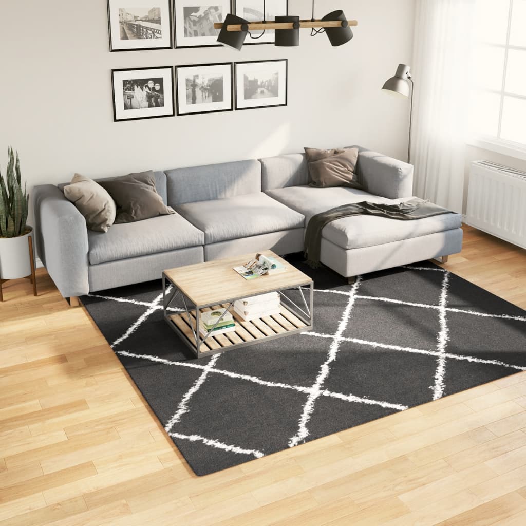 Modern Long Hair Carpet Pamplona Black and Cream 240x240cm