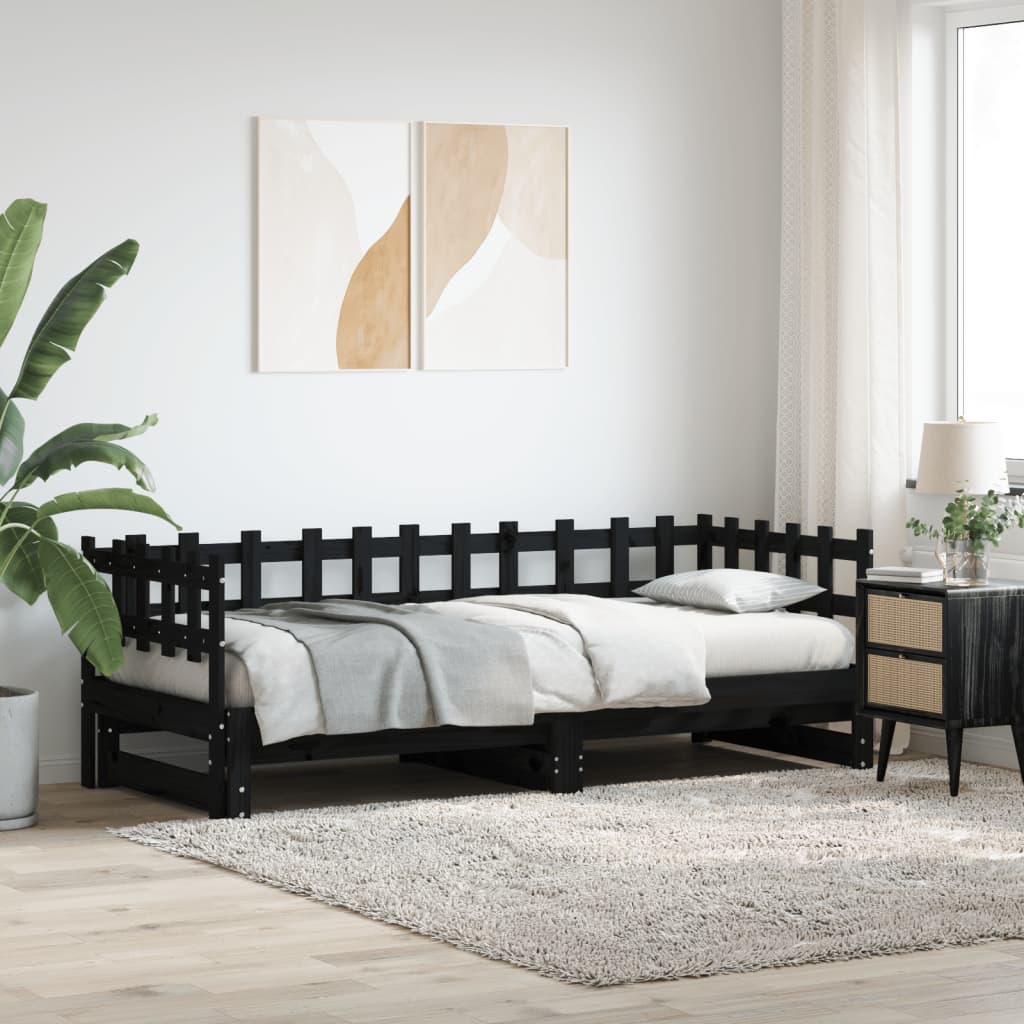 Vetonek Sofá cama extraíble madera maciza de pino negro 2x(80x200) cm