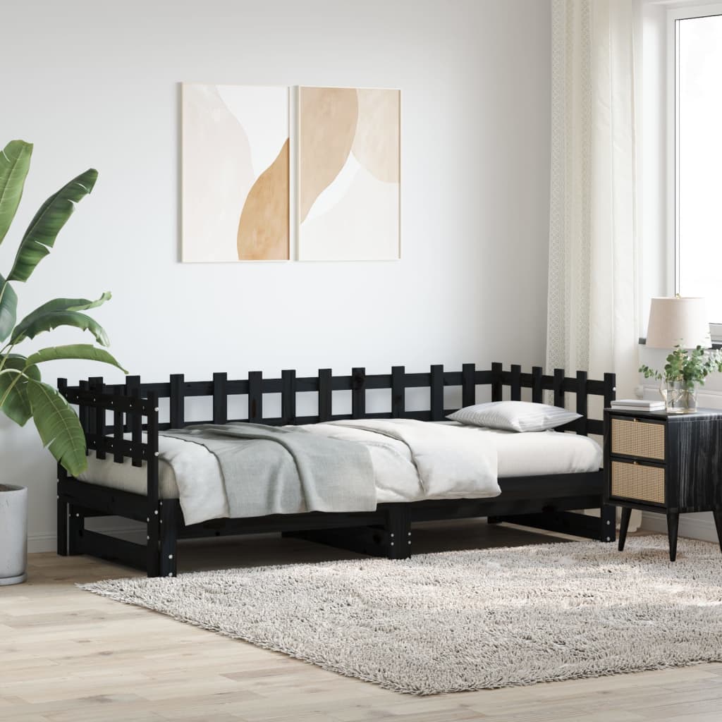 Vetonek Sofá cama extraíble madera maciza de pino negro 2x(90x200) cm