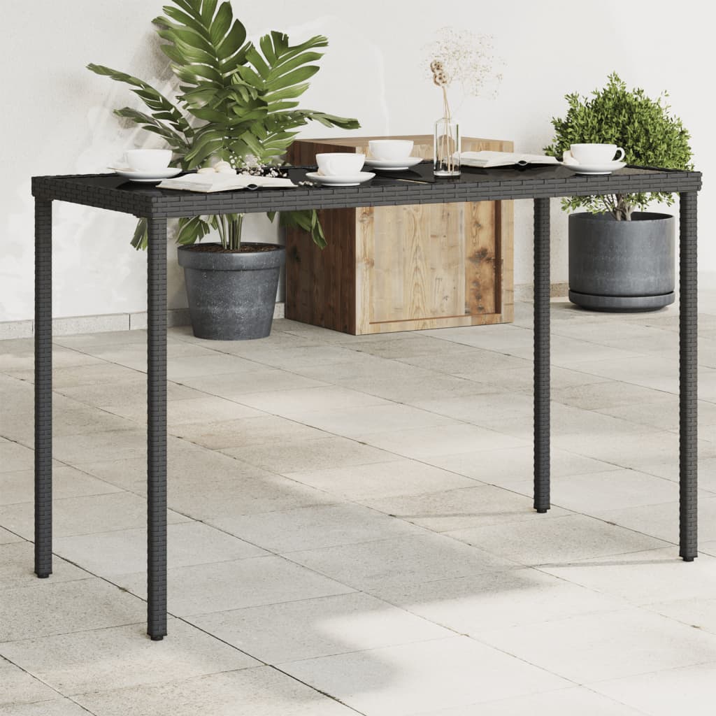 Vetonek Mesa de jardín superficie de vidrio ratán PE negro 115x54x74 cm