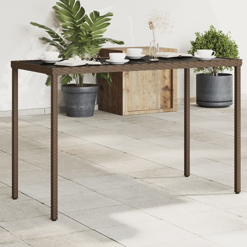 Vetonek Mesa de jardín superficie vidrio ratán PE marrón 115x54x74 cm