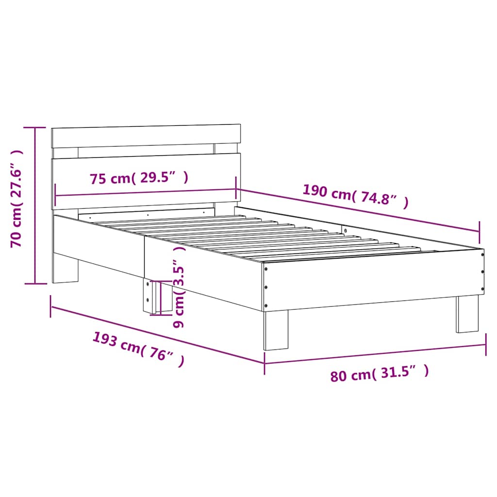 Estructura cama con cabecero sin colchón roble Sonoma 75x190 cm