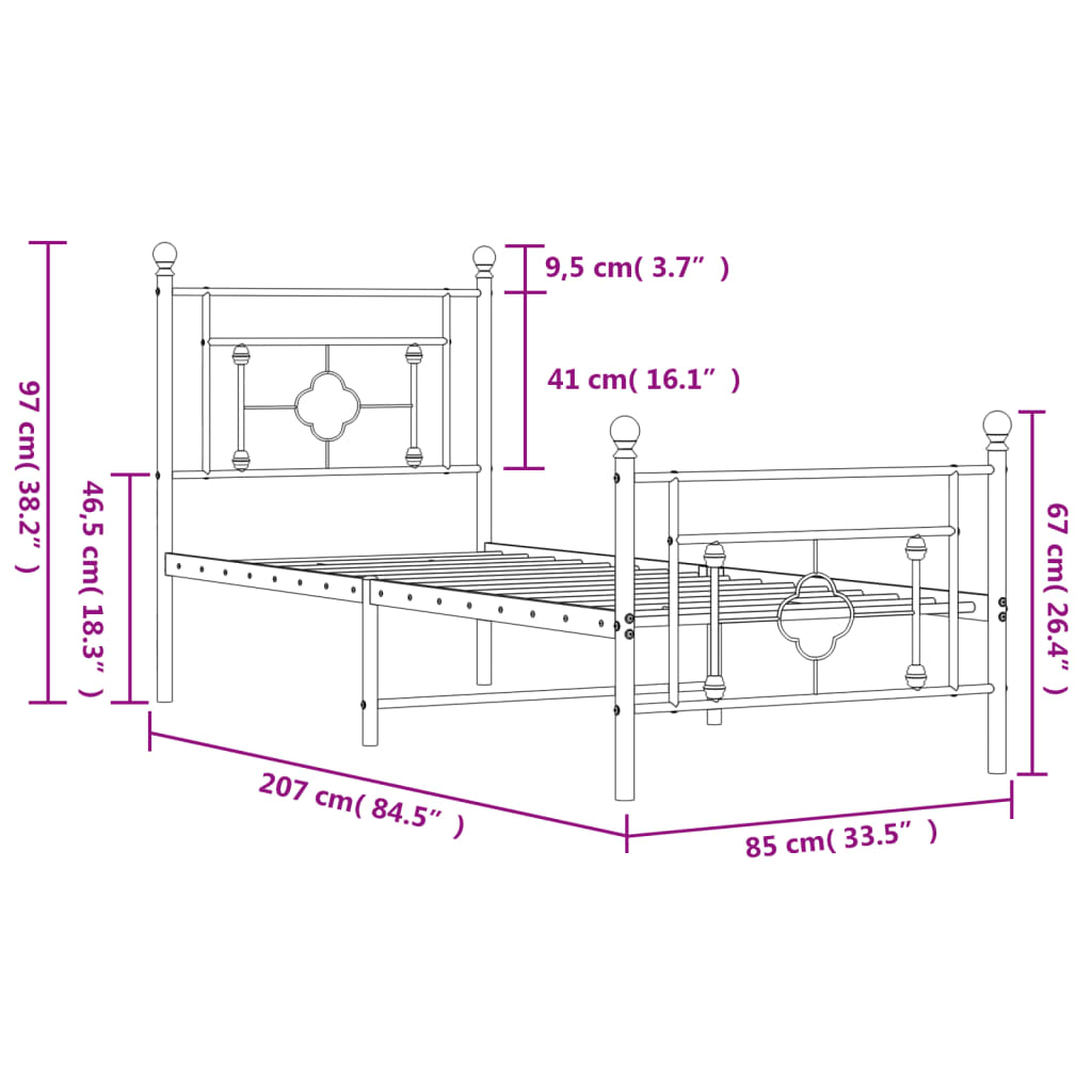 Bett ohne Matratzenbett mit schwarzem Metall 80x200 cm