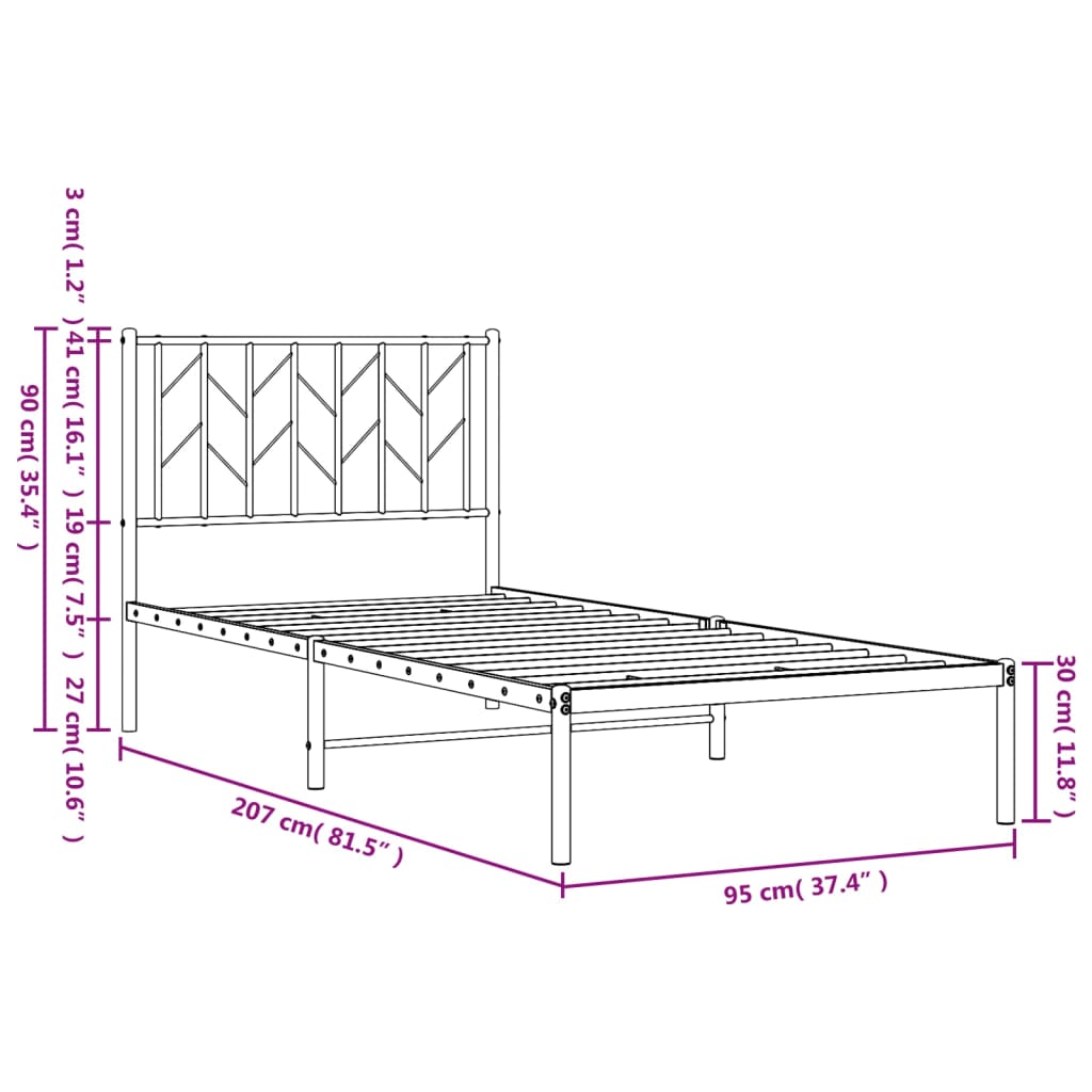 Blackless bed with black metal headboard 90x200 cm