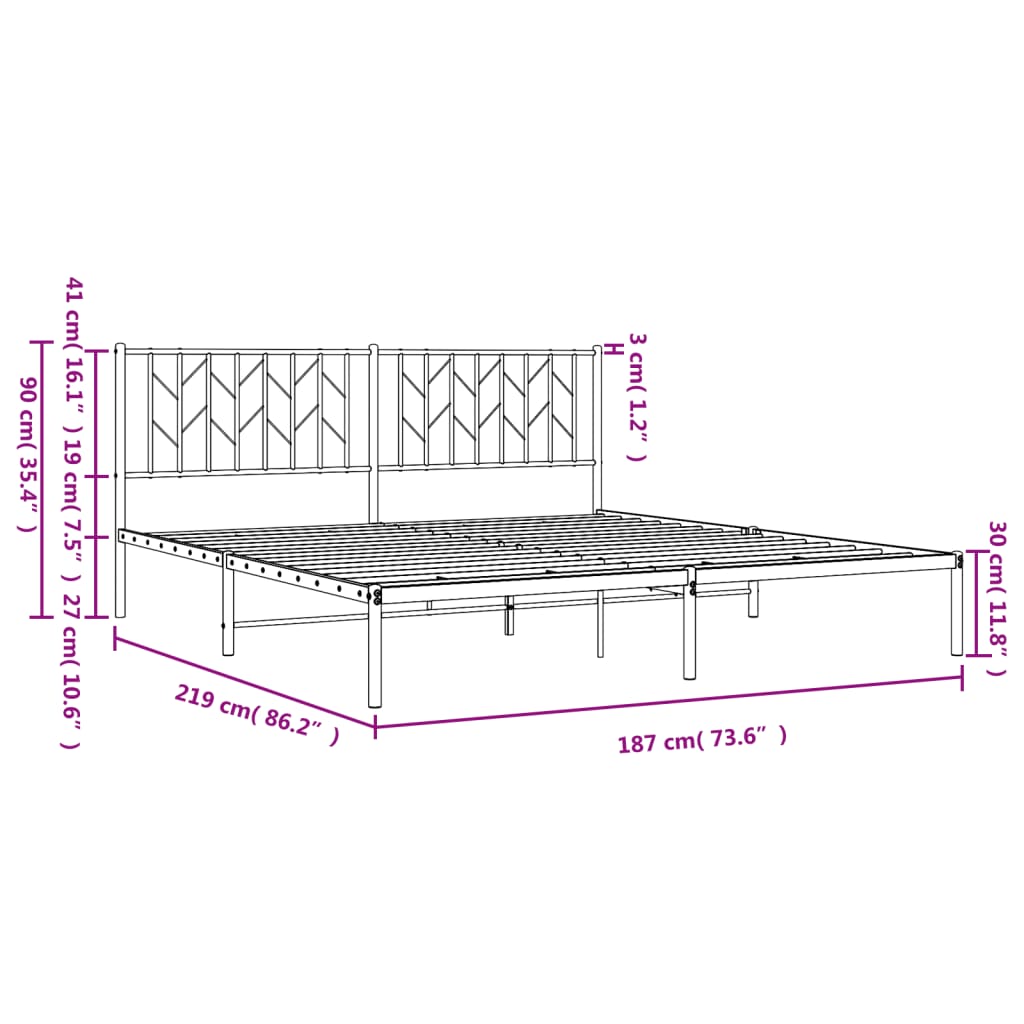 Bed without mattress with white metal headboard 183x213cm