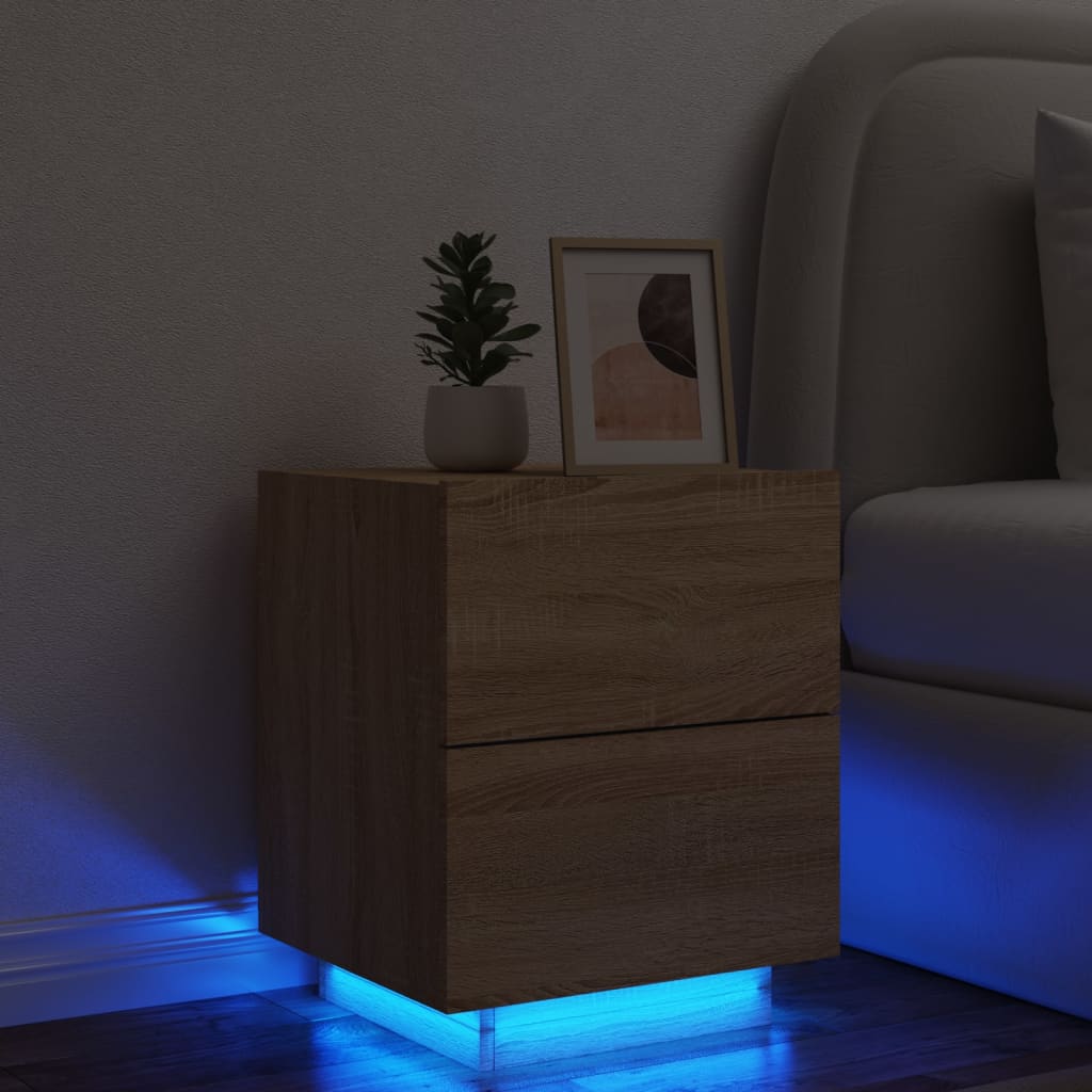 Vetonek Mesita de noche con luces LED madera de ingeniería roble Sonoma