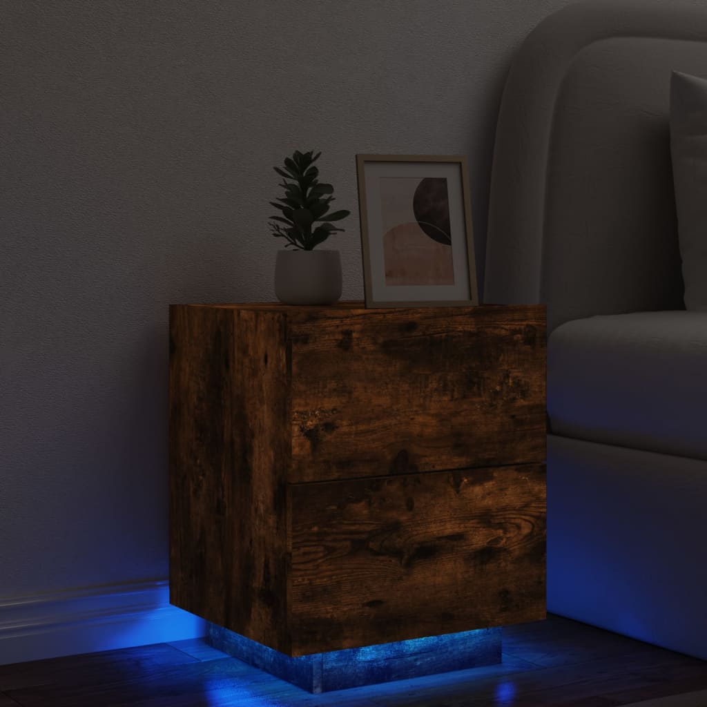 Vetonek Mesita de noche con luces LED madera ingeniería roble ahumado