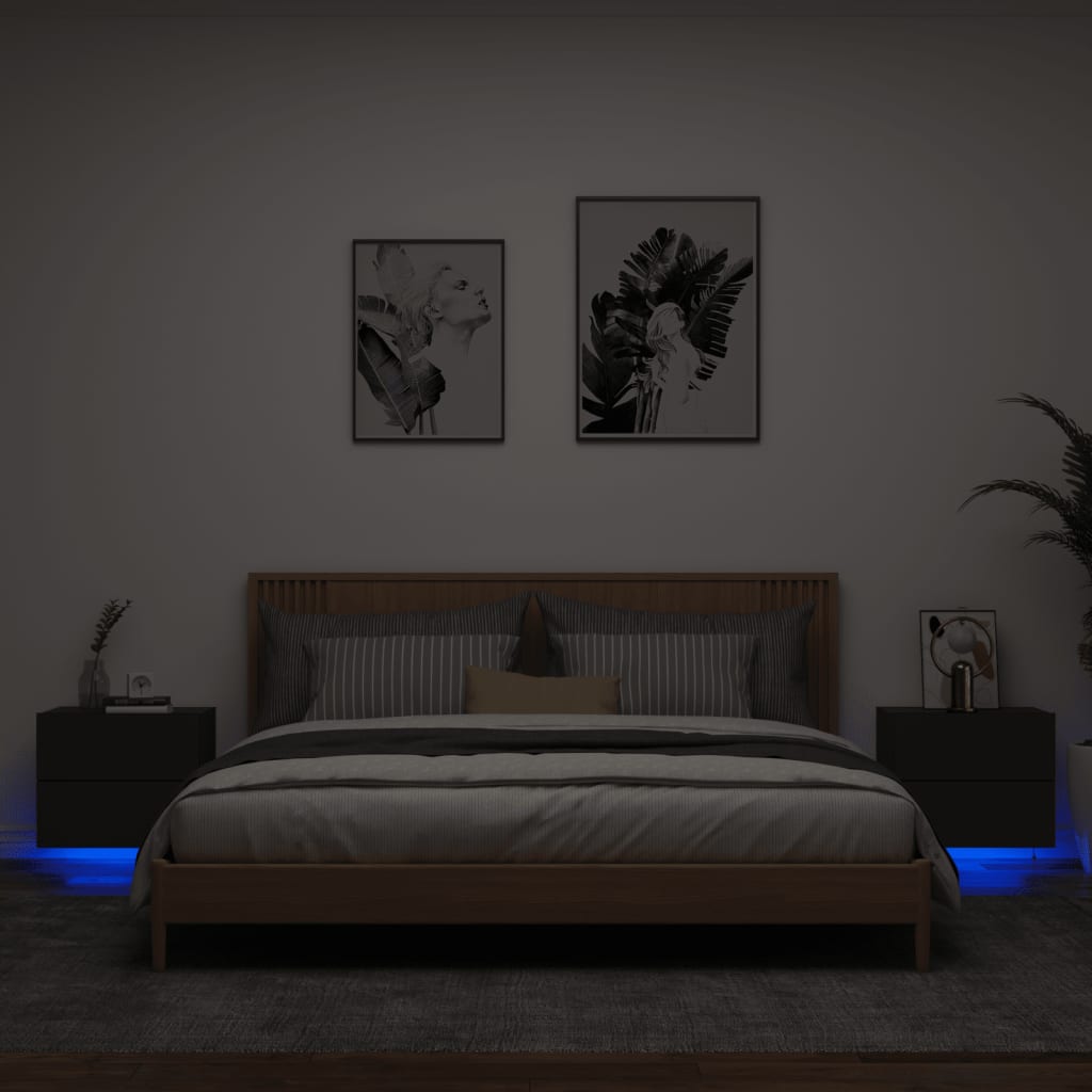 Vetonek Mesitas de noche de pared con luces LED 2 unidades negro