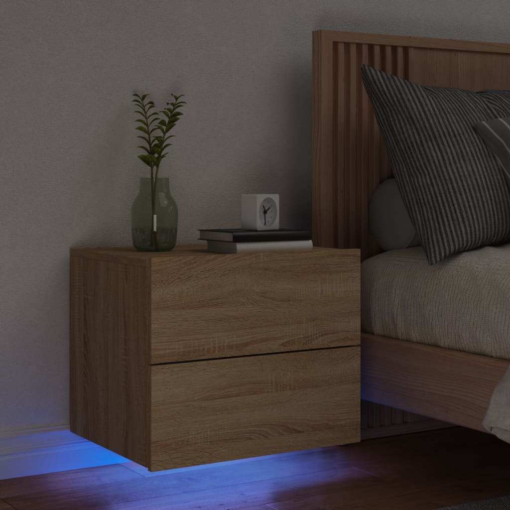 Vetonek Mesita de noche de pared con luces LED roble Sonoma