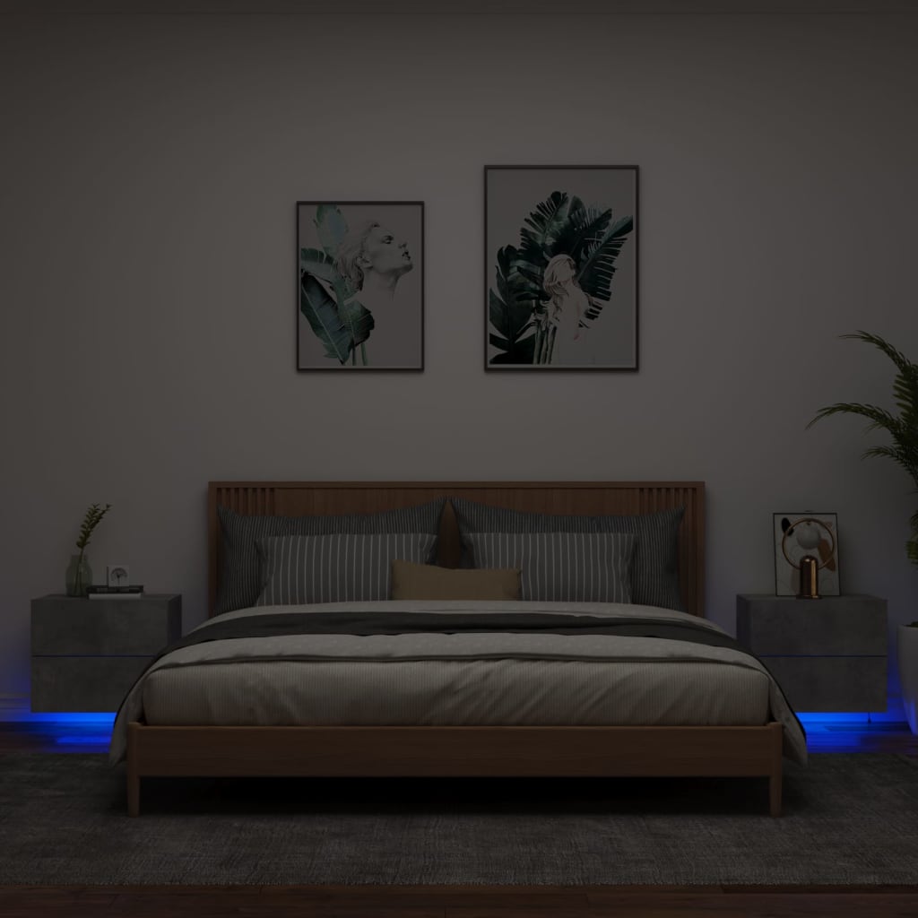 Vetonek Mesitas de noche de pared con luces LED 2 uds gris hormigón