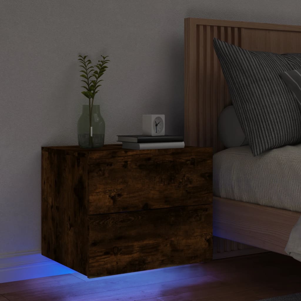 Vetonek Mesita de noche de pared con luces LED roble ahumado