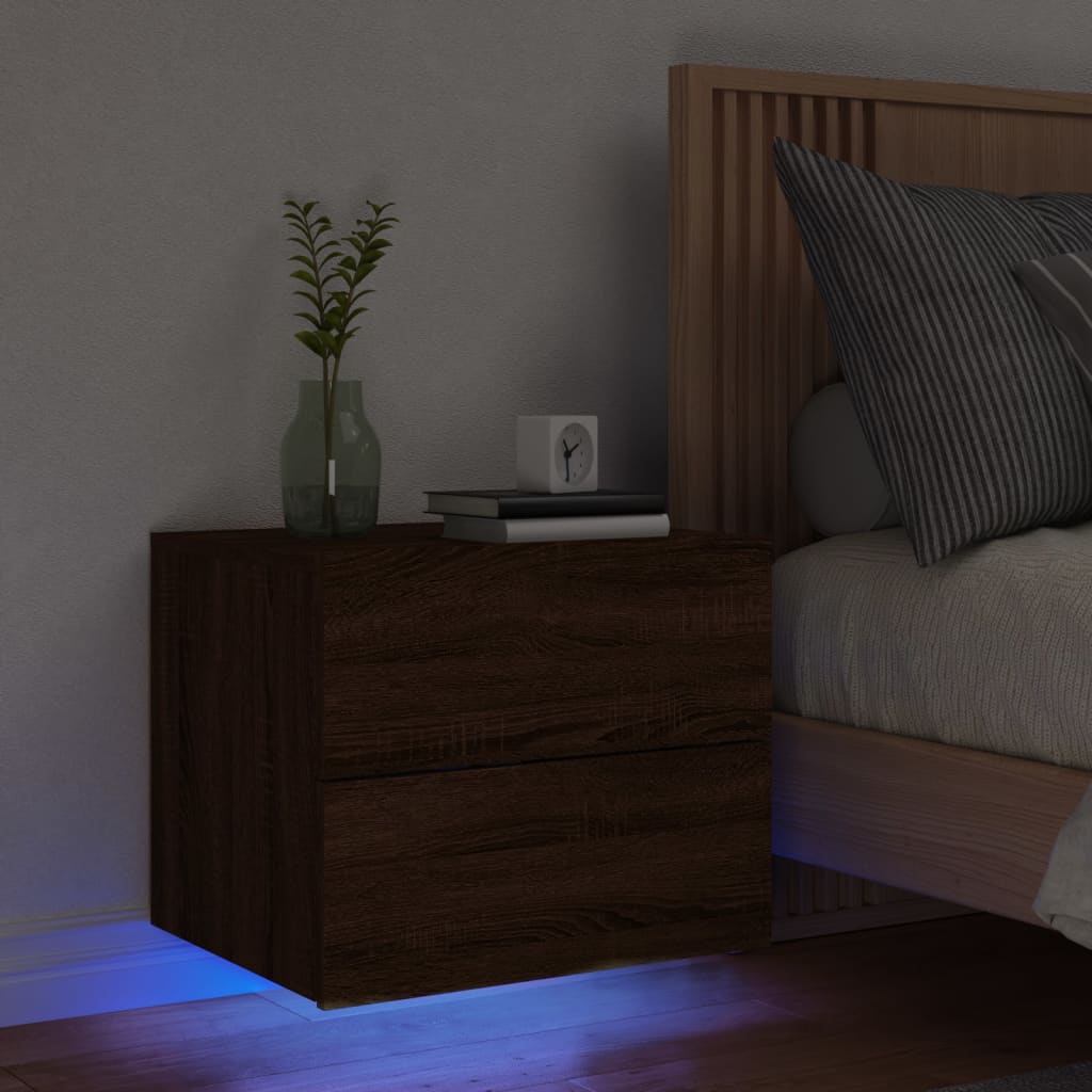 Vetonek Mesita de noche de pared con luces LED roble marrón