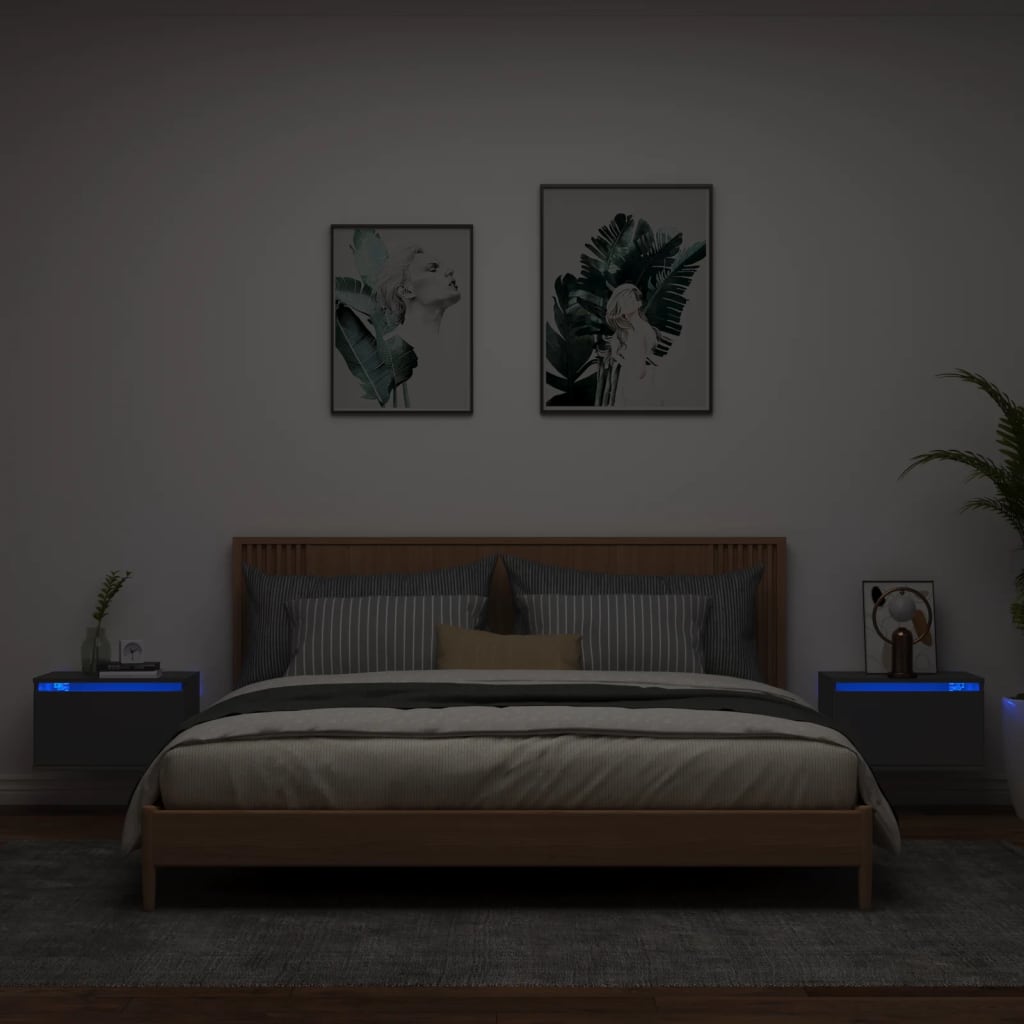 Vetonek Mesitas de noche de pared con luces LED 2 unidades negro