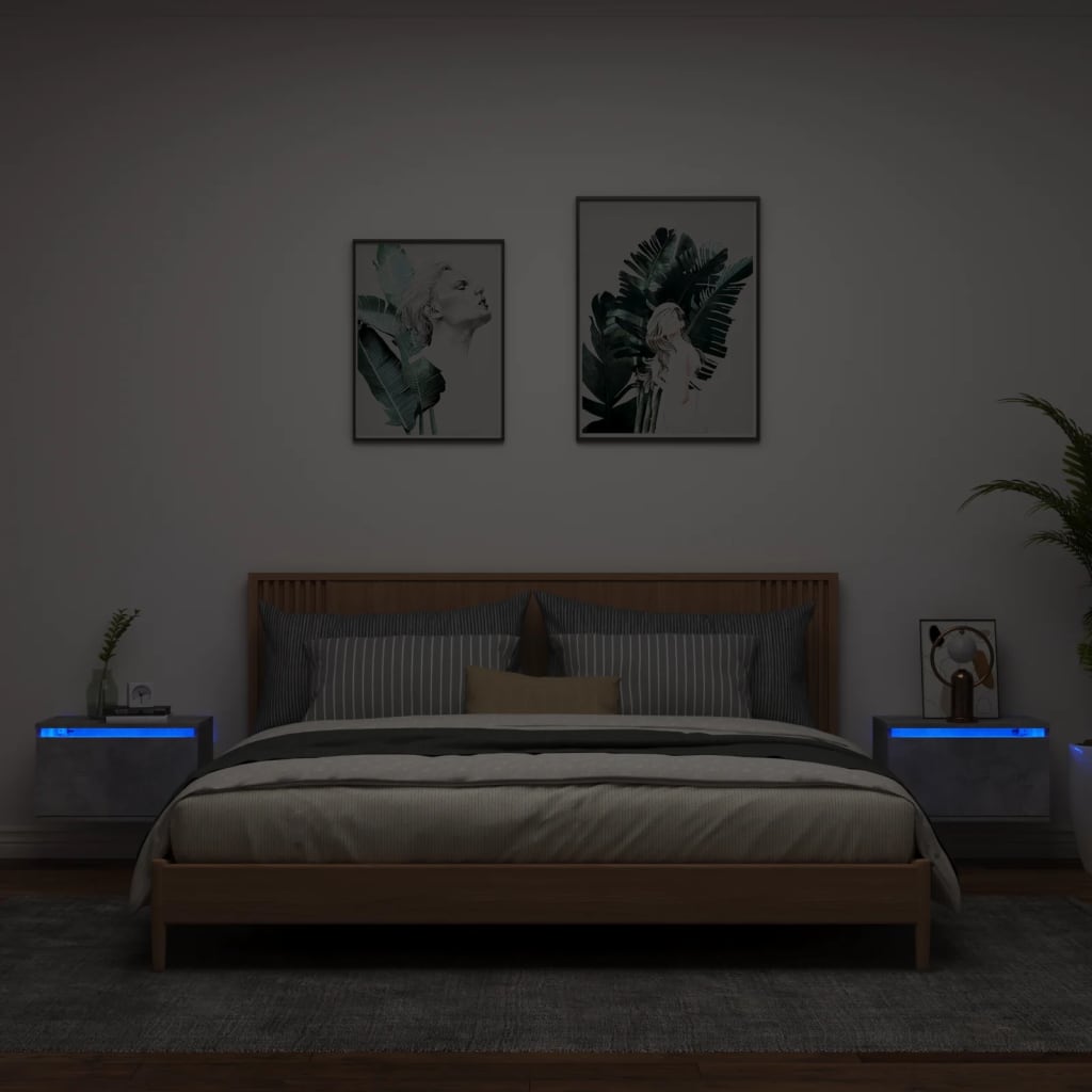 Vetonek Mesitas de noche de pared con luces LED 2 uds gris hormigón