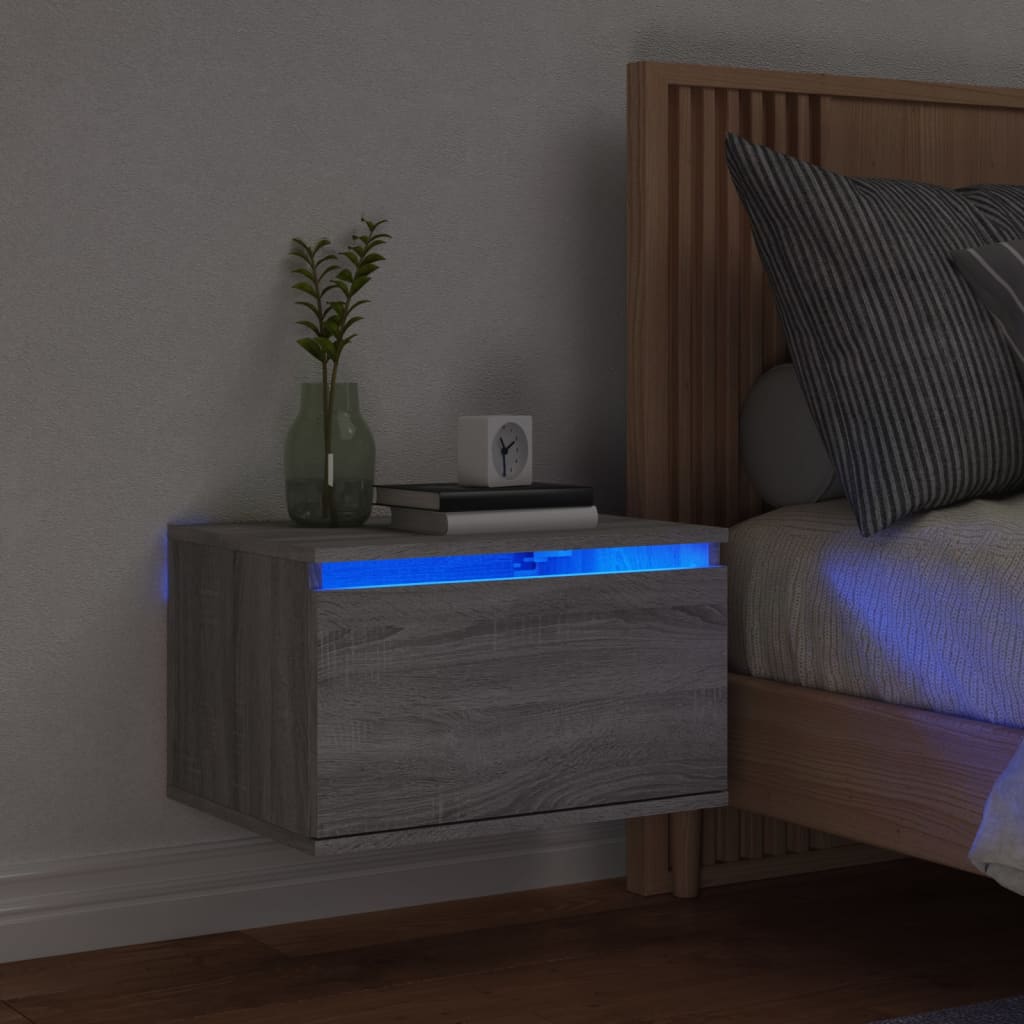 Vetonek Mesita de noche de pared con luces LED gris Sonoma