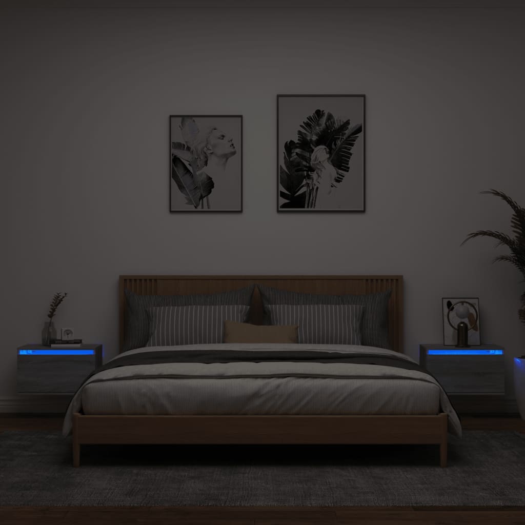 Vetonek Mesitas de noche de pared con luces LED 2 unidades gris Sonoma