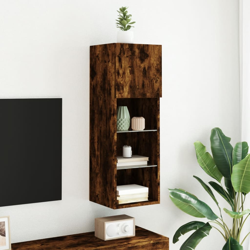 TV cabinet with smoked oak led lights 30.5x30x90 cm V09