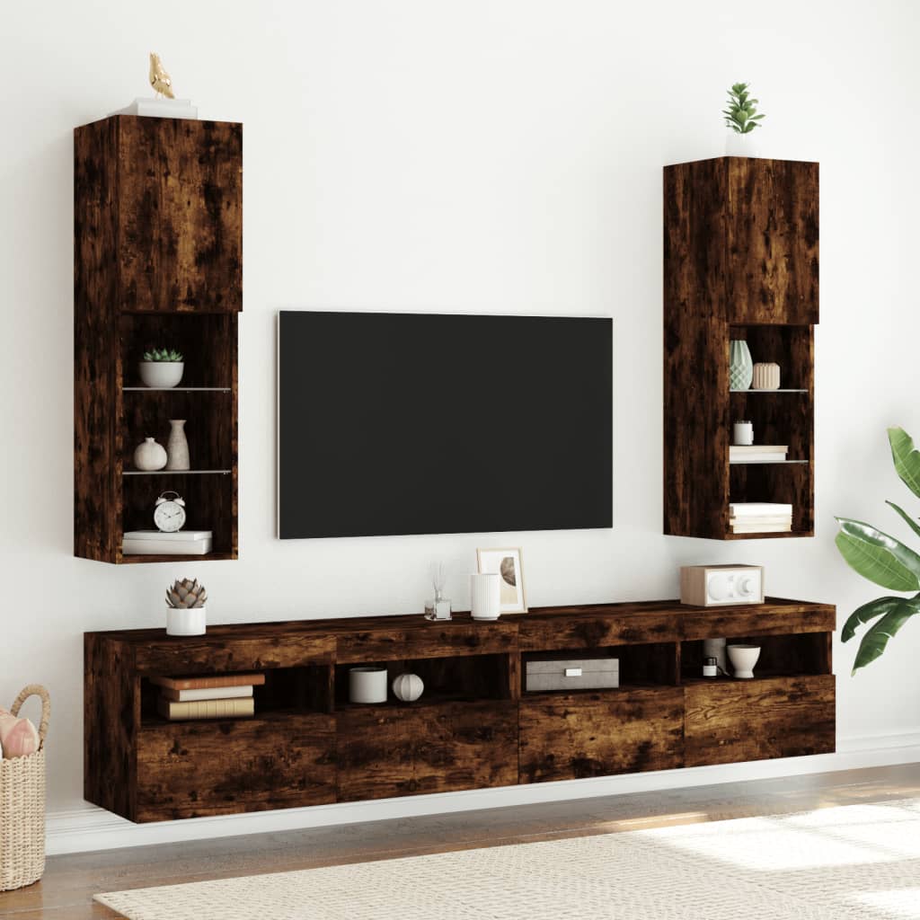 Vetonek Muebles de TV con luces LED 2 uds roble ahumado 30,5x30x102 cm