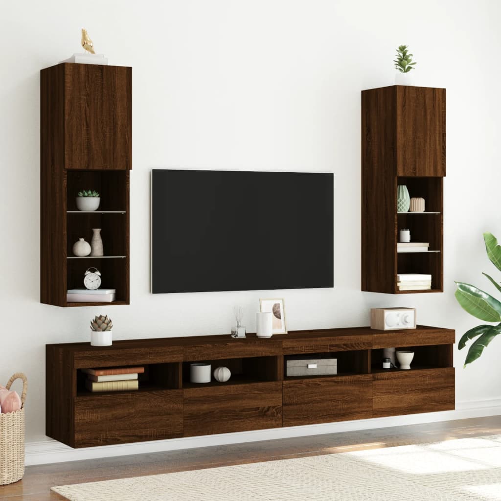 TV cabinet with LED lights brown oak 30.5x30x102 cm