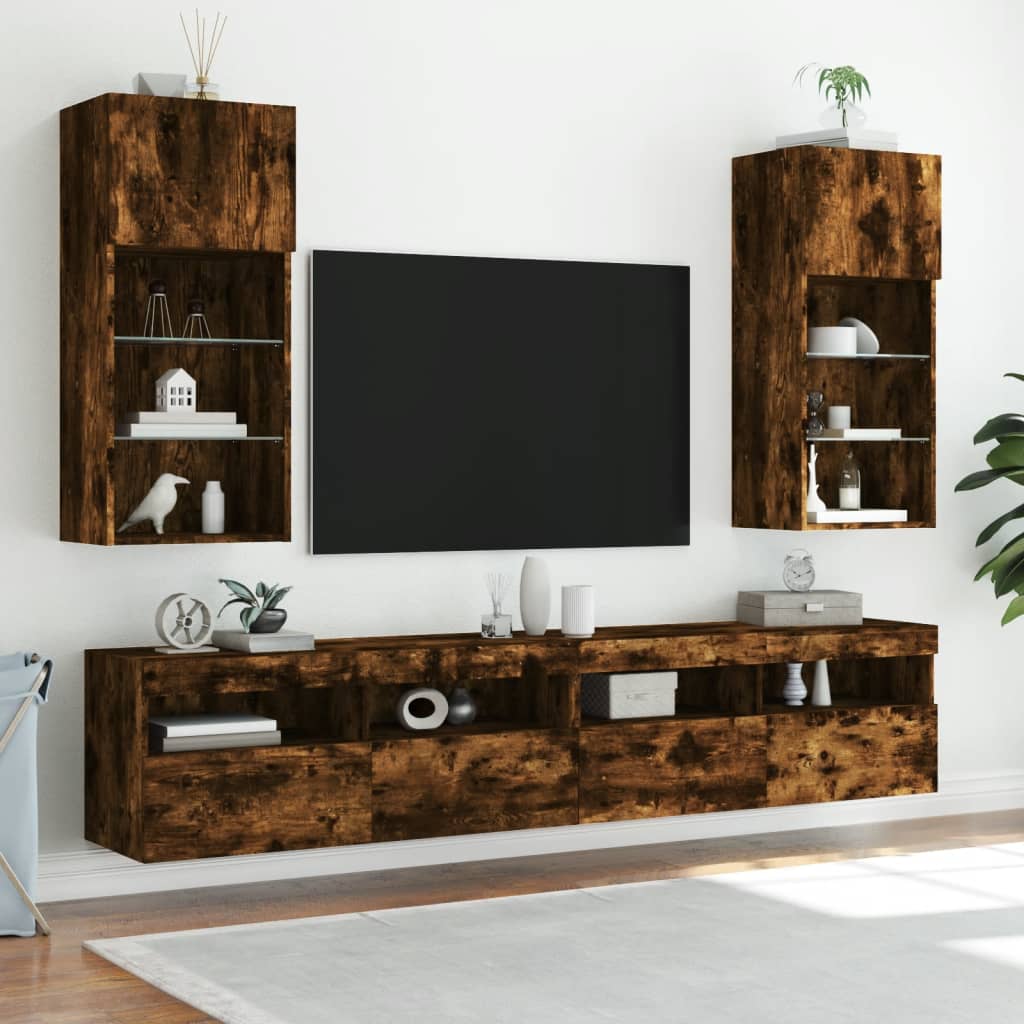 TV furniture with smoked oak lights 40.5x30x90 cm