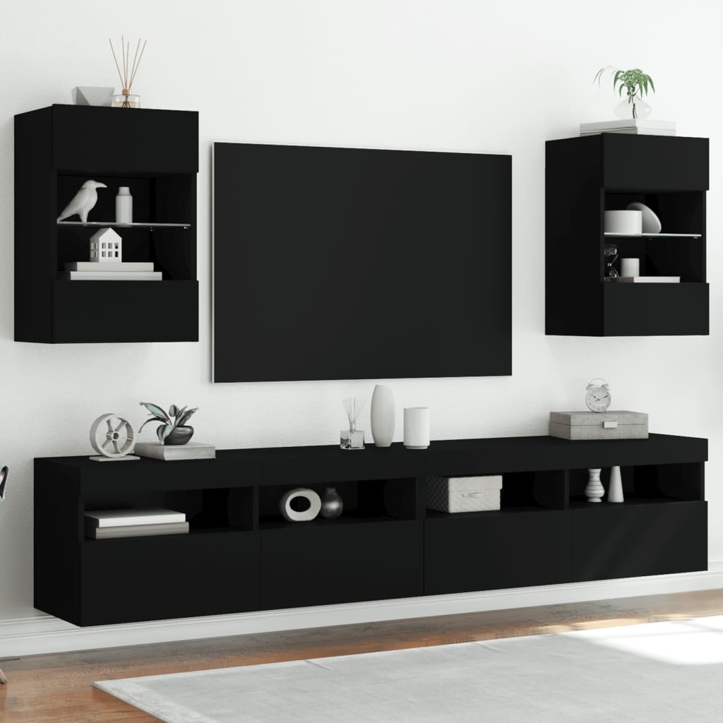 Vetonek Muebles de TV de pared con luces LED 2 uds negro 40x30x60,5 cm