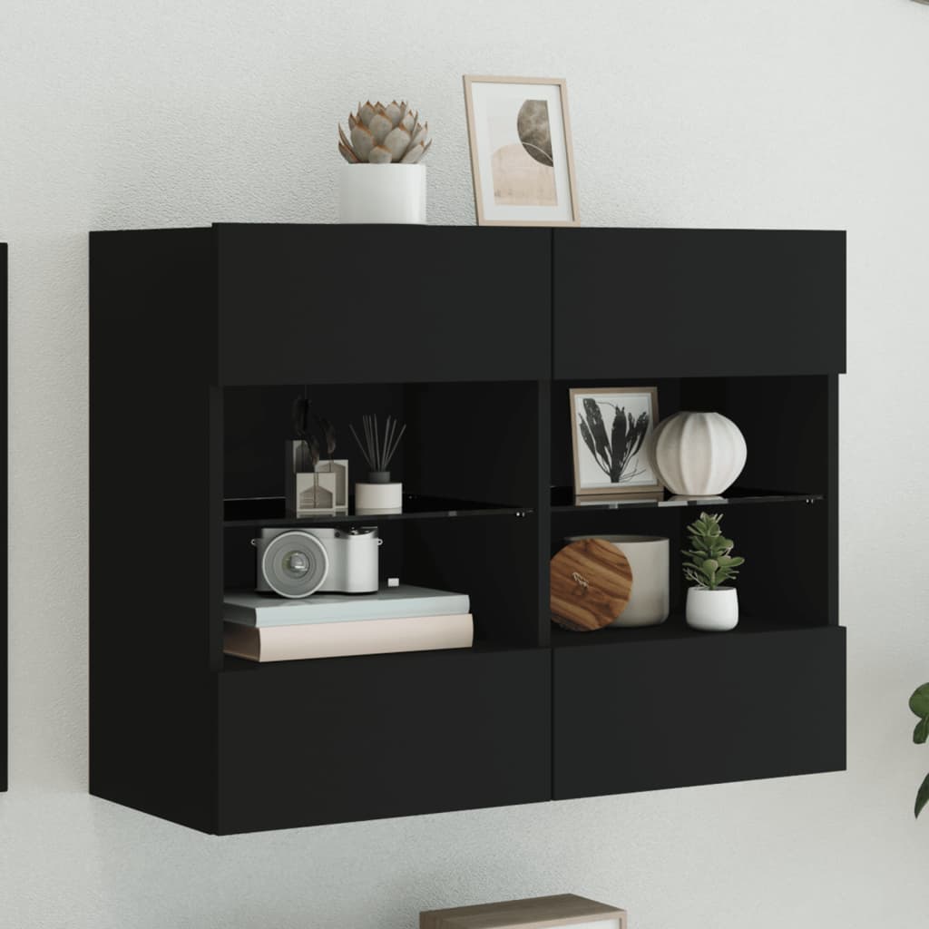 Vetonek Mueble de TV de pared con luces LED negro 78,5x30x60,5 cm